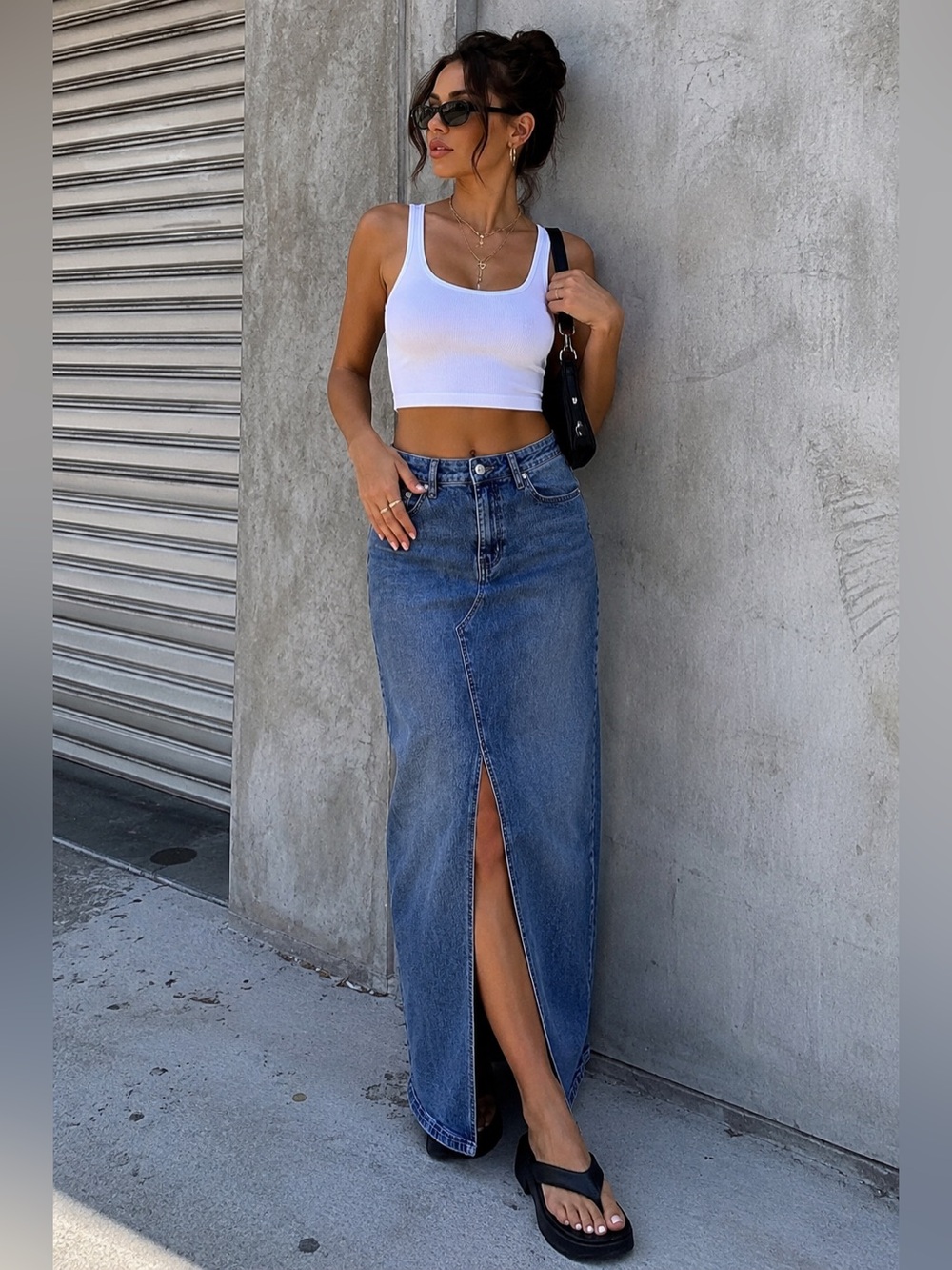 Princess Polly Denim‎ Maxi Skirt Blue High Rise Front Slit Y2K Size AU 8 US 4